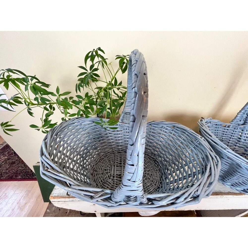 Vintage Primitive Grey Blue Rustic Buttocks Baskets (Set Of 2) Farmhouse Decor